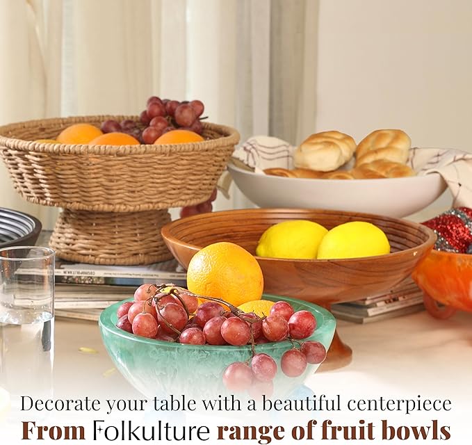 Folkulture Wooden Fruit Bowl for Kitchen Counter | 12" Large Premium Eco Friendly Banana Fruit Basket for Kitchen | White Wood Bowl with Holder, Pedestal for Table Decor, Centerpiece for Dining Table-Ruum Studio Home