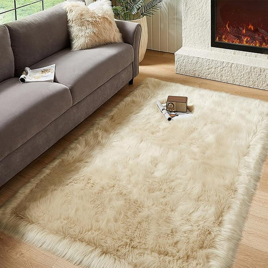 AMTOVO Faux Fur Sheepskin Rug for Living Room, 4 x 6 ft Beige Fluffy Area Rug for Bedroom, Playroom, Luxury Room Decor, Rectangle-Ruum Studio Home
