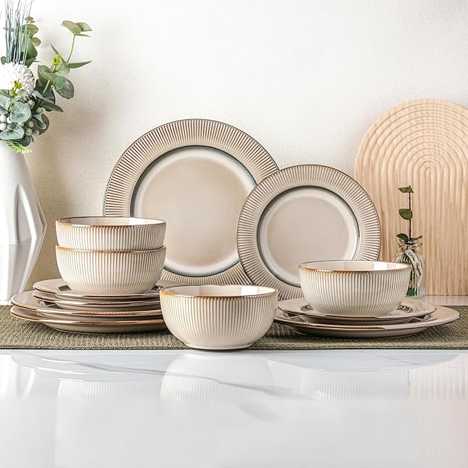 GBHOME Ceramic Dinnerware Sets, 18 Piece Embossed Elegant Stoneware Plates and Bowls Sets, Housewarming Wedding Gift | Dishwasher & Microwave Safe | Dishes Set Service for 8-Ruum Studio Home