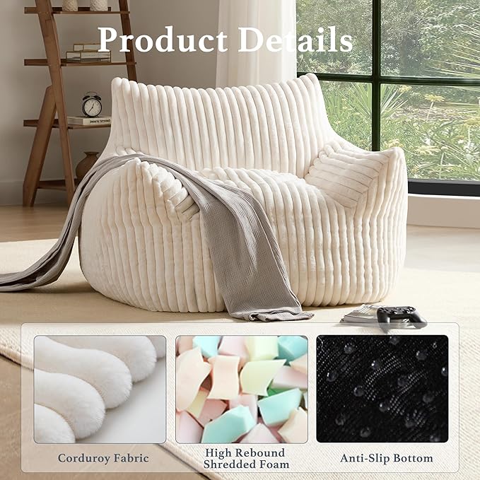 Giant Plush Bean Bag Chair for Adults with Armrests - Oversized Comfy Beige Beanbag Lounge Lazy Floor Sofa Accent Chair for Living Room, Bedroom & Dorm, Cozy Fluffy Single Cloud Mini Couch-Ruum Studio Home