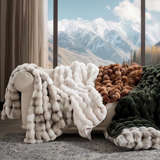 EVERGRACE Ultra Soft Luxury Fluffy Ridgeline Faux Rabbit Fur Throw Blanket, Thick Warm Bubble Throw for Bed, Cozy Plush Reversible Blankets for Couch, Chair, Sofa, Light Grey, 80x90 Inches, 870 GSM-Ruum Studio Home