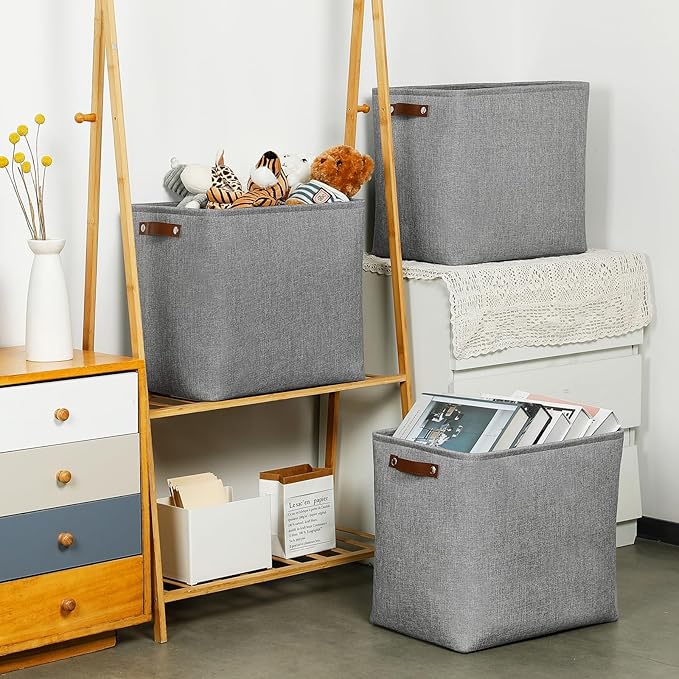 DULLEMELO Large Storage Baskets for Blankets Living Room 51L Canvas Storage Baskets for Organizing 3 Pack Collapsible Baskets Bins for Organizing Home Office with Handles (Grey)-Ruum Studio Home
