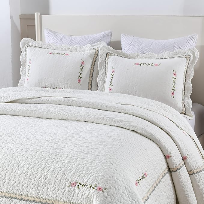 MarCielo 3-Piece 100% Cotton Oversized Bedspread Lightweight Quilt Coverlet Embroidery Farmhouse Bedding Set (Sakura White, Oversized Queen (100"x106"))-Ruum Studio Home
