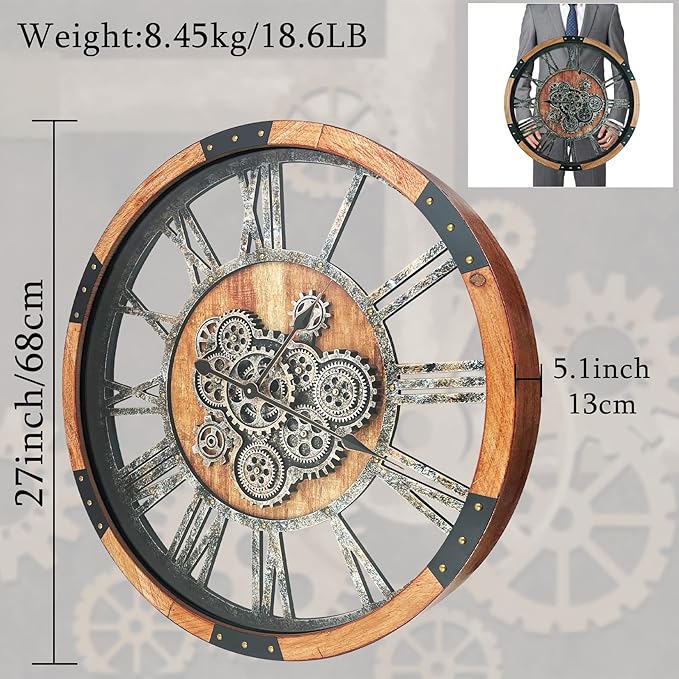 27 Inch Moving Gear Wall Clock, Oversized Wall Clocks, Clock Living Room Decor, Solid Wood Frame, Battery Operated, Large Wall Clock with Steampunk Industrial for Fireplace(Brown)-Ruum Studio Home