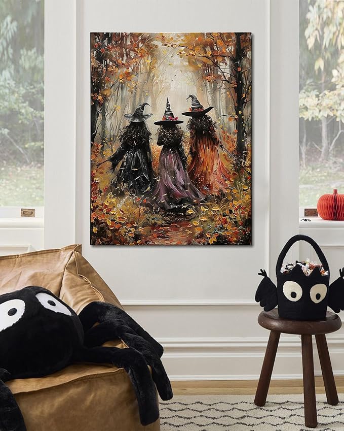 Halloween Canvas Wall Art, Vintage Three Witches Poster, Gothic Dark Academia Wall Decor, Spooky Halloween Decor for Living Room, Bedroom & Bathroom, Framed Fall Decorations Indoor-Ruum Studio Home