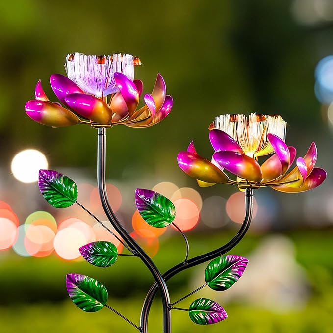 55'' Solar Powered Kinetic Wind Spinner Sculpture Pink Lotus Metal Stake Spinner for Patio, Lawn and Garden Decor Weather-Resistant Outdoor Art with Dual Lotus Design-Ruum Studio Home