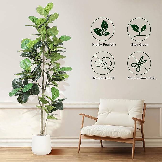 Artificial Fiddle Leaf Tree, 7ft Faux Plant Fake Ficus Lyrata Trees with White Planter, Artificial Fig Trees Floor Plants for House Office Living Room Indoor Home Decor, Housewarming Gift-Ruum Studio Home