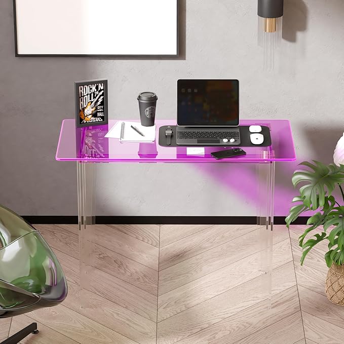 Acrylic Desk, Modern Study Table for HomeOffice-Extended Surface Multi-Purpose Console & EntrywayTable, Sturdy Lightweight Design（(42.5-inch, Pink)-Ruum Studio Home