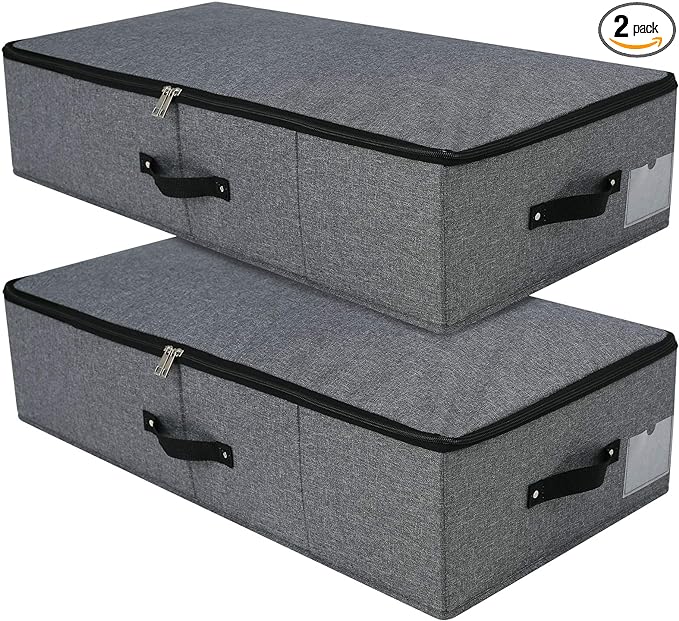 2PCS Foldable Under Bed Storage Box with Plastic Support Liner, Handles, Zipper lid, Blankets Clothes Comforters Storage Bin Organizer for Bedroom and Closet, 29×15×7inch, Black Grey-Ruum Studio Home