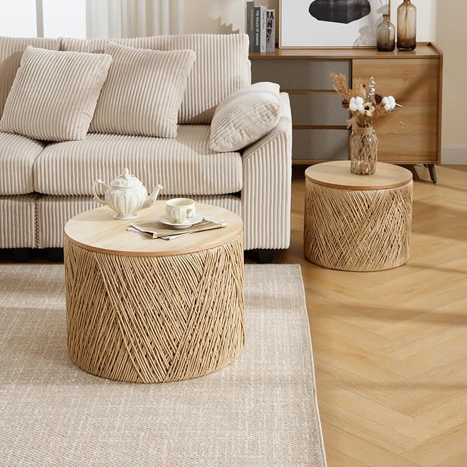 Nesting Coffee Table Set of 2, Natural Round Wooden Coffee Tables Rustic Woven Circle Side/Sofa Table for Small Space Living Room Bedroom Apartment No Assembly Required-Ruum Studio Home