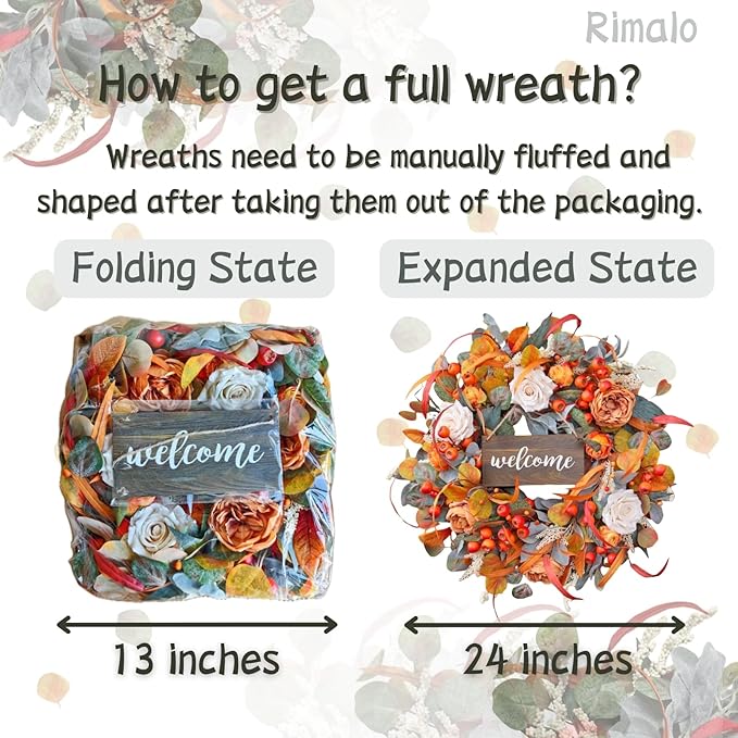 Fall Wreath for Front Door, 24 Inch Autumn Wreath with lamb's Ear Leaves, Roses, Berries & Wooden Sign,Fall Decorations for Home, Artificial Flowers Harvest and Thanksgiving Indoor & Outdoor-Ruum Studio Home