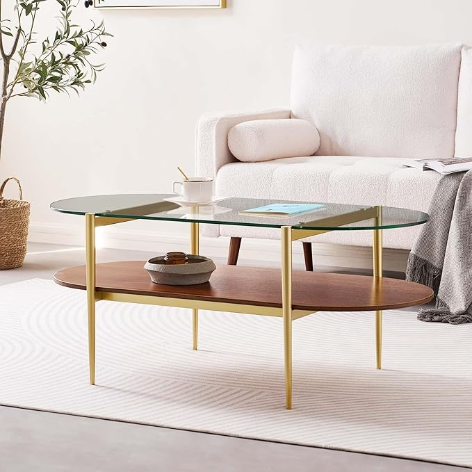 Oval Glass Coffee Table, Mid-Century Modern Design, L41 x W21 x H17 inch, for Living Room, 2-Tier Structure, Clear Glass Top and Walnut Finish Wood Shelf, Conical Legs with Gold Finish Frame-Ruum Studio Home