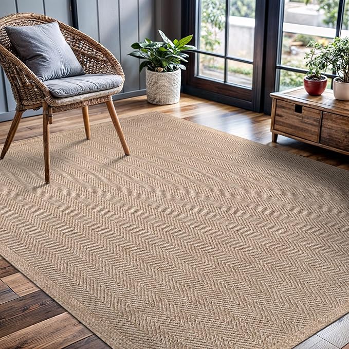 CAMILSON Easy Jute Rug 6x9, Indoor Outdoor Natural Color Fiber Area Rugs for Living Room Patio and Bedroom Rug Herringbone Seagrass Woven Design Easy-Cleaning, Washable Outside Carpet Alfombras 6 x 9-Ruum Studio Home