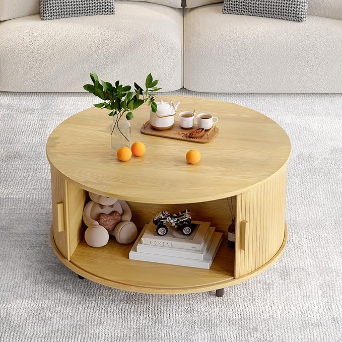 Round Coffee Table with Storage, 31.5" Modern Coffee Table with 360° Curved Sliding Door, Fluted Wood Accent Coffee Table with Adjustable Footpads, Round Center Table for Living Room, Oak-Ruum Studio Home