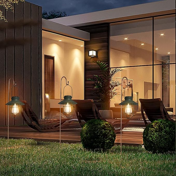 pearlstar Solar Lanterns Outdoor Metal Solar Powered Hanging Lights Waterproof for Wall Barn Yard Garden Patio Garage Balcony Porch Fence Decor, Warm White Edison Bulb (Green-2pack)-Ruum Studio Home