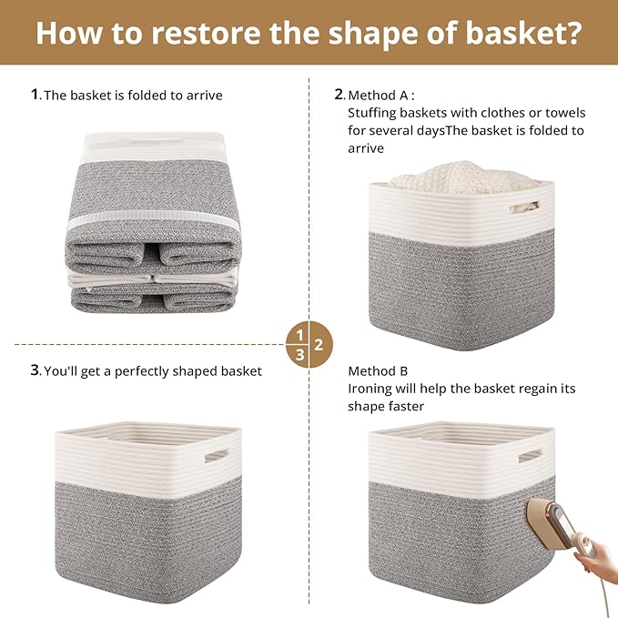 OIAHOMY 13 Kallax Inch Cube Storage Bins, 3-Pack Cotton Rope Woven Baskets for Organizing, Kallax Insert Storage Baskets for Shelves, Baby Nursery, Closet Organizer, 13*13*12.6IN, Grey & White-Ruum Studio Home