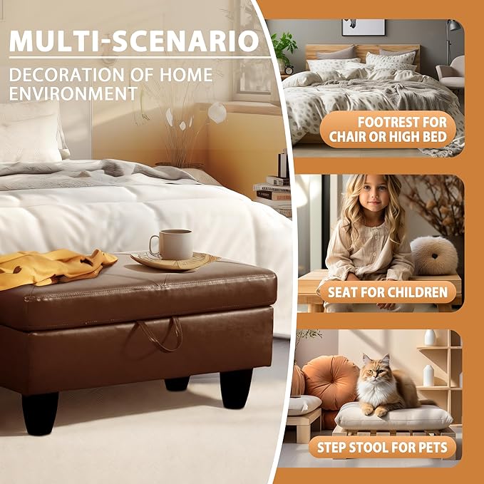 Ottoman Rectangular Storage Ottoman Bench, Faux Leather Footrest, Coffee Table, Stool Footstool with Hinged Lid for Living Room, Bedroom, Entryway, Brown, 28.5"x19"x17.5"-Ruum Studio Home