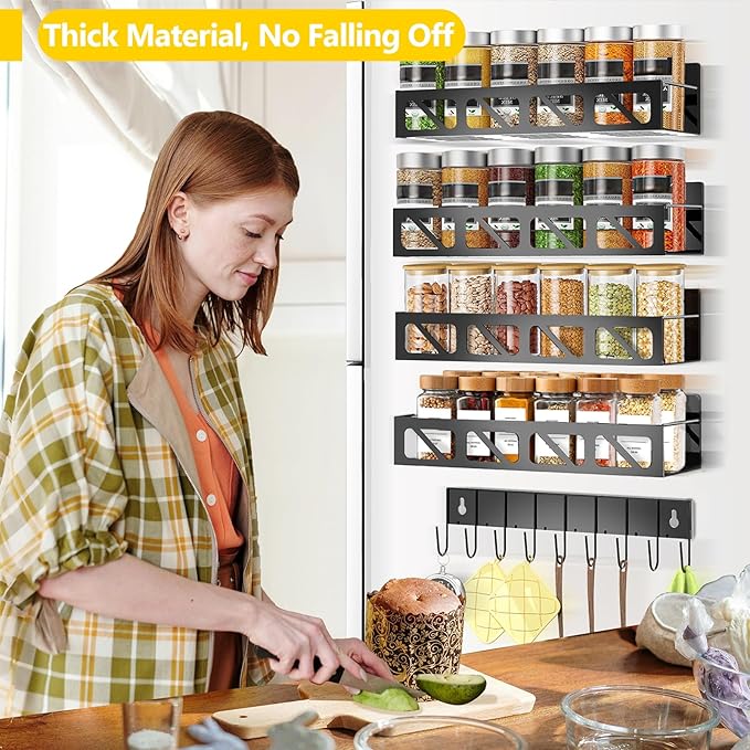 Magnetic Spice Rack Organizer for Fridge Seasoning Organizer for Kitchen storage with Screw or Adhesive Hanging,Magnetic Shelf with Hook for Refrigerator and Oven (Black, 5pack&12pcs)-Ruum Studio Home