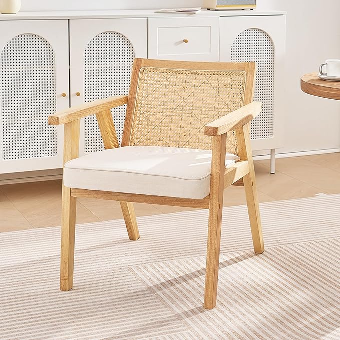 VEVOR Mid Century Modern Rattan Chair, Upholstered Velvet Accent Chair with Rattan Back, Retro Living Room Chair for Living Room, Bedroom, Reading Room, and Office, Beige-Ruum Studio Home