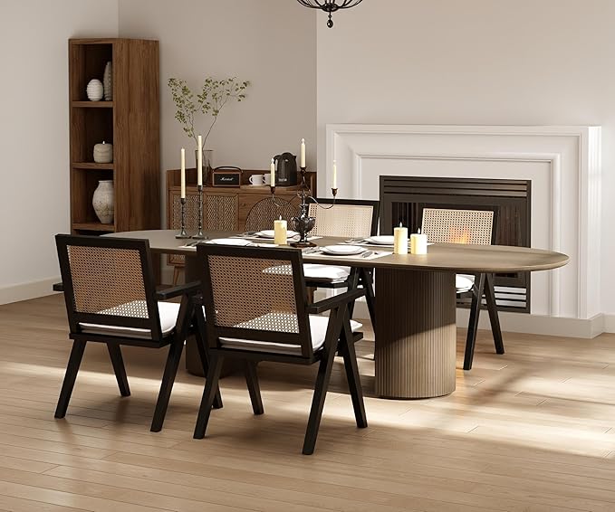 Rattan Dining Chairs Set of 2, Farmhouse Wicker Dining Chairs with Removable Linen Cushion Accent Cane Armchair for Dining Room Kitchen Restaurant, Black-Ruum Studio Home