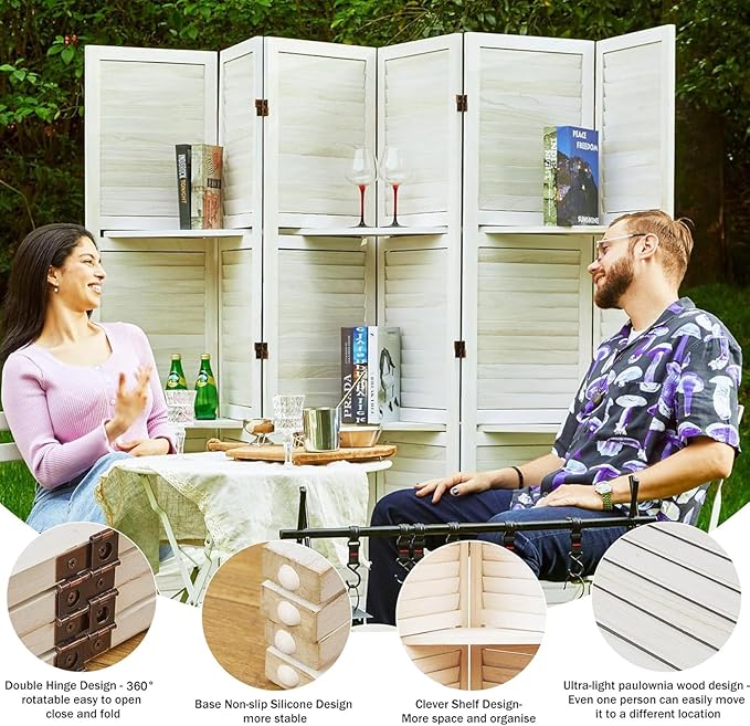 Partition Room Dividers, Folding Wood Privacy Screen with Three Display Shelves Suitable for Home Office, Study, Art Display - 6 Panel, 67 * 77inch (White)-Ruum Studio Home