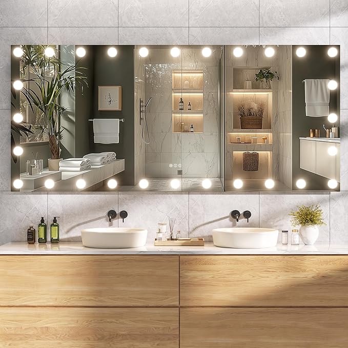 Hasipu LED Bathroom Mirror with Lights, 71" x 32" Hollywood Wall-Mounted Bathroom Mirror with 28 Dimmable Bulbs, 3 Colors Modes, Touch Control, Anti-Fog, Memory Function, Shatter-Proof, ETL Listed-Ruum Studio Home
