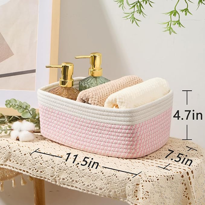 Small Storage Baskets for Organizing | Closet Organizer Bins | Shelf Toy Basket | Woven Rope Baskets | Cube Decorative Box | Shallow Basket | 11.5x7.5x4.7” | 3 Packs White Pink-Ruum Studio Home