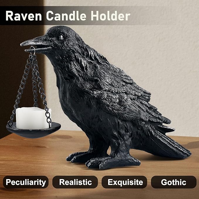 Raven Gothic Home Decor Fake Crow Light Holder Raven Lamp Tealight Candle Holder Resin Raven Statue Wearing Silver-Ruum Studio Home