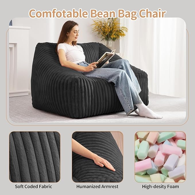 HABUTWAY Bean Bag Chair, Giant Bean Bag Chairs for Adults and Kids, Bean Bag Sofa, Lazy Floor Sofa, Faux Fur Beanbag Chair with Armrests for Living Room Bedroom (Black)-Ruum Studio Home