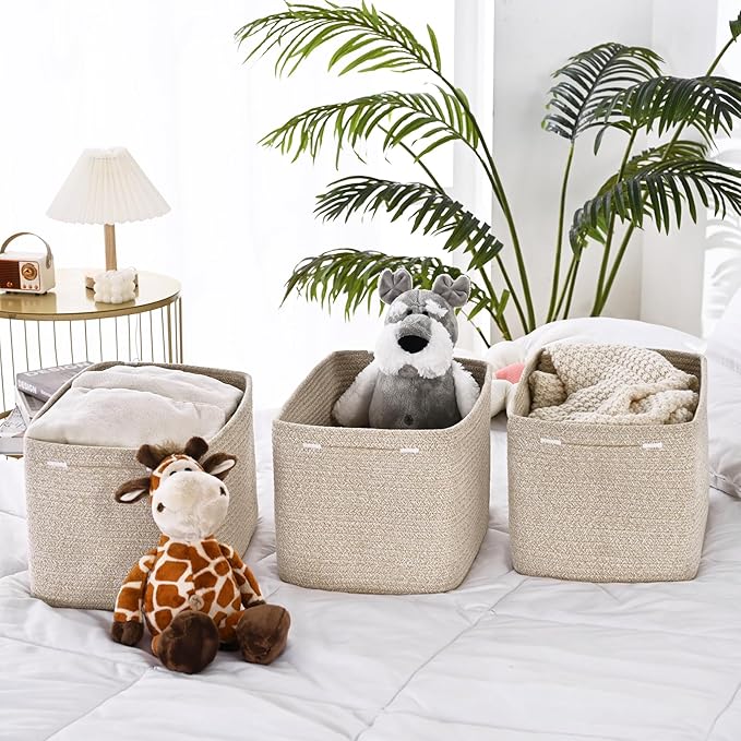 3-Pack Shelf Baskets for Organizing, Woven Storage Basket for Shelves, Cotton Rope Storage Bins for Toys Books, Nursery Towel Baskets for Classroom, 14.96"X9.8"X8.85", Brown-Ruum Studio Home