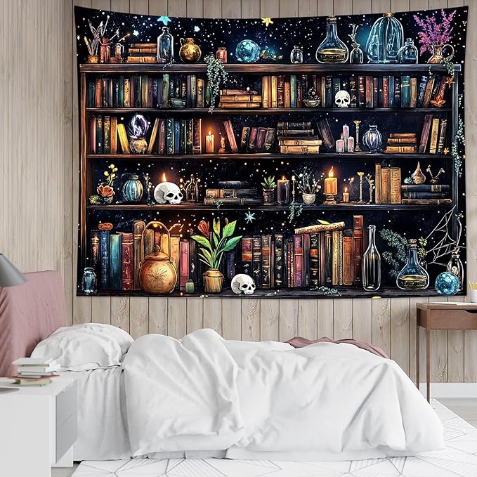 HVEST Magic Bookshelf Tapestry Wall Hanging Vintage Bookshelf Witchy Books Plant Skull Gothic Halloween Wall Decor Starry Sky Tapestry for Bedroom Living Room Dorm, 60L x 80W Inches-Ruum Studio Home