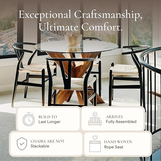 POLY & BARK Weave Dining Chairs – Mid-Century Modern Wishbone Dining Chairs with Arms, Solid Wood Frame, Indoor Use – Black – Set of 2 - Ideal for Dining Room, Kitchen or Stylish Accent Setting-Ruum Studio Home