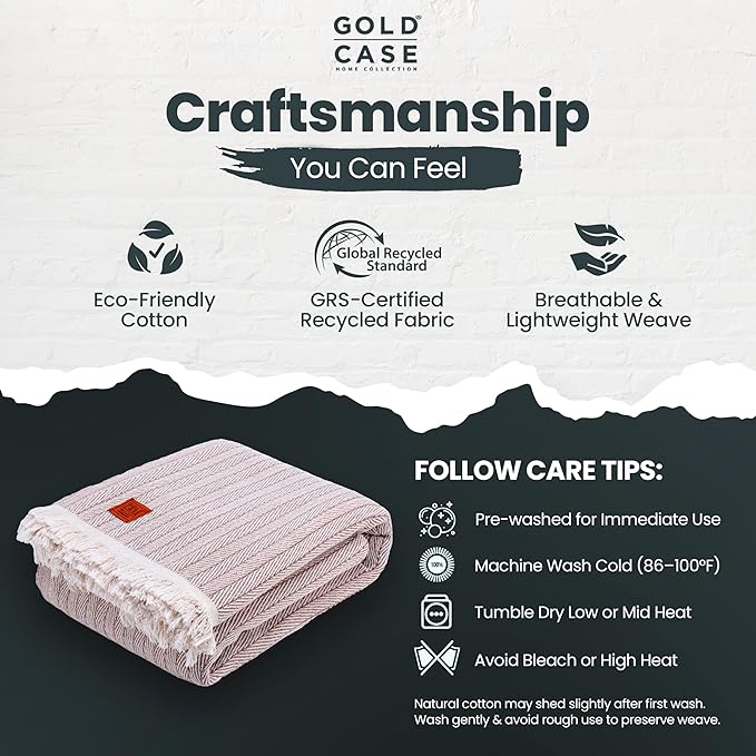 Gold Case Throw Blanket for Bed – 100% Recycled Turkish Cotton Bed Blanket – Decorative Throw Cotton Blankets for Living Room & Bedroom – Woven Twin Blankets – Vintage Beige – 71x90-Ruum Studio Home