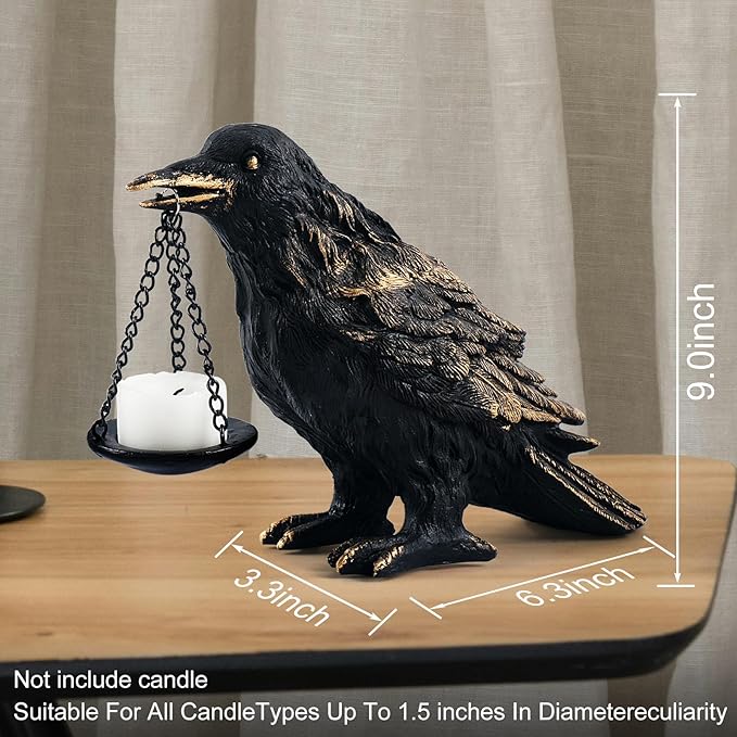 Raven Gothic Home Decor Fake Crow Light Holder Raven Lamp Tealight Candle Holder Resin Raven Statue Wearing Gold-Ruum Studio Home