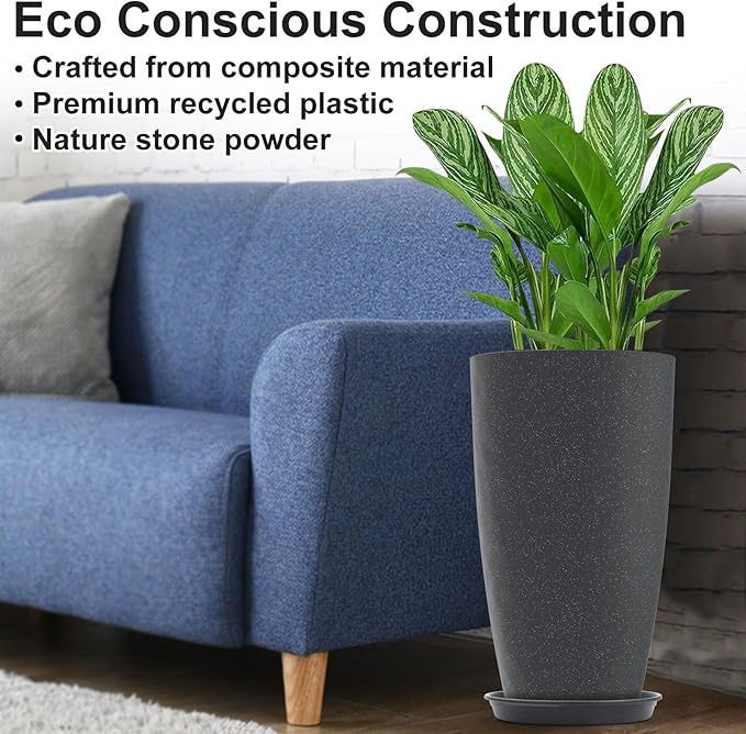GameXcel Tall Flower Pot Indoor - Outdoor Plant Pot - Black Glossy Planter - Elegant Stone Imitation - 12" Diameter 21" Tall with Drainage Holes and Saucer 2Pack-Ruum Studio Home