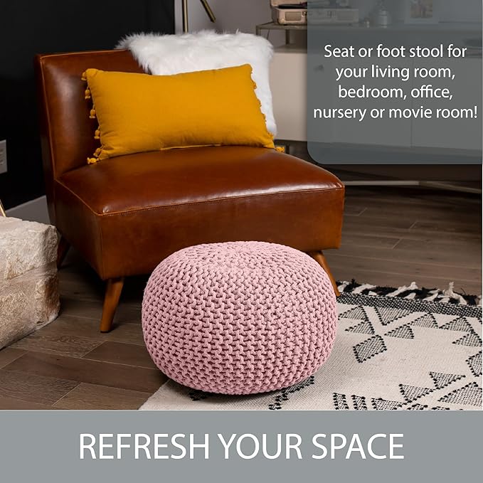 BIRDROCK HOME Round Pouf Ottoman | Cotton Braided Foot Stool with Bean Bag Filling | Boho Foot Rest for Living Room & Bedroom | Compact & Comfortable Seating, Lightweight & Soft | Dusty Rose-Ruum Studio Home