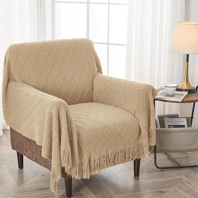 inhand Knitted Throw Blanket for Couch and Bed, Soft Living Room Home Decor Knitted Blanket with Tassel, Outdoor Lightweight Breathable Summer Blanket, Farmhouse Warm Woven Decorative, 50"x60"-Ruum Studio Home