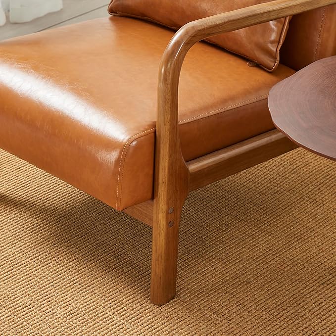 Glitzhome 2 Set Mid Century Yellowish Brown Accent Armchair, Single Reading Armchair PU Leather Lounge Chair with Walnut Ruberwood Frame-Ruum Studio Home