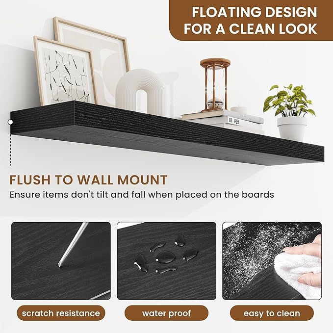fuqing Floating Shelves for Wall, Bathroom Shelf Wall Mounted for Storage, Shelves with Invisible Bracket for Bedroom, Kitchen, Living Room, Farmhouse Small Book Shelf, 40 Inch Set of 2, Black-Ruum Studio Home