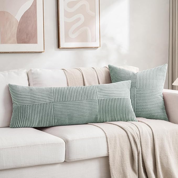Fancy Homi Set of 2 Grey Blue Boho Long Lumbar Body Decorative Throw Pillow Cover 14x36 Inch for Bed Couch Bedroom Bench, Soft Patchwork Corduroy Textured Pillow Case, Rustic Farmhouse Room Décor-Ruum Studio Home