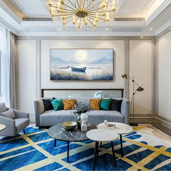 amatop Oversized Framed Coastal Wall Art for Living Room Blue Boat Moon Sea Picture Landscape Canvas Print Calming Night Ocean Lake Scene Large Artwork Nautical Bedroom Office Wall Decor 58x29 In-Ruum Studio Home