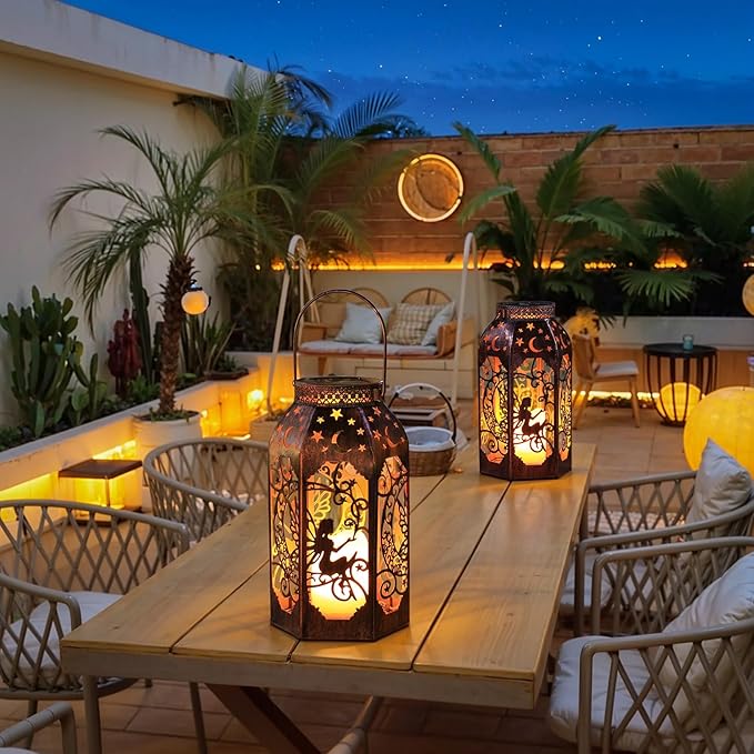 Solar Lanterns Outdoor Garden Hanging Lantern Waterproof LED Metal Bronze Moon Fairy Lantern Waterproof Flickering Flameless Candle Mission Lights for Table,Patio,Mother's Day Gift(2Pack)-Ruum Studio Home