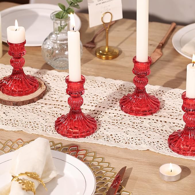 12PCS Red Candlestick Holders Set- 4" H Taper Candle Holders, Glass Candle Holders Bulk for Activities, Party, Home Table Centerpieces, Festival Gifts & Windowsill Decor-Ruum Studio Home