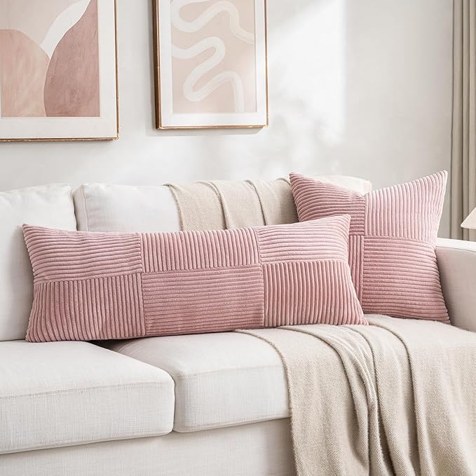 Fancy Homi 2 Packs Blush Pink Decorative Throw Pillow Covers 16x16 Inch for Living Room Couch Bed, Rustic Farmhouse Boho Home Decor, Soft Corss Patchwork Corduroy Textured Square Cushion Case 40x40 cm-Ruum Studio Home