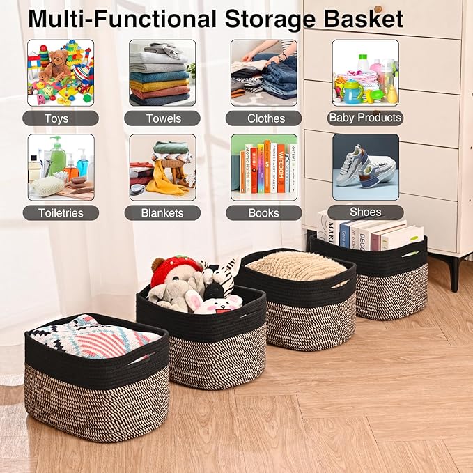 Storage Baskets for Shelves Organizing, Woven Cotton Rope Baskets for Storage, Book Basket, Decorative Shelf Basket, 12.5"Lx9.1''Wx7.9''H (4 Packs) Black & Jute-Ruum Studio Home
