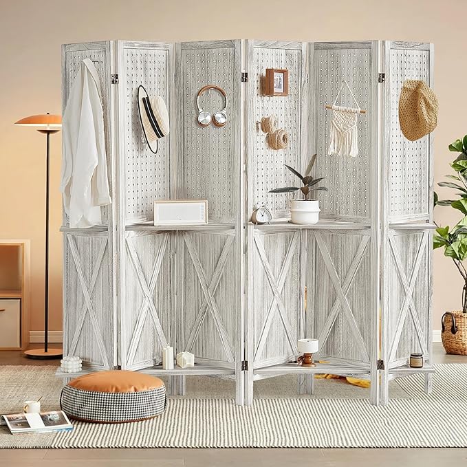 6 Panel Pegboard Display with 24 Hooks, Wooden Pegboard Room Divider Wall with Shelf, Rustic Room Dividers and Folding Privacy Screens, Bedroom, Jewelry Store, White-Ruum Studio Home