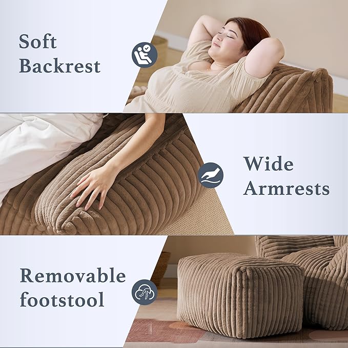 Oversized Bean Bag Chaise Lounge Chair Indoor for Adults with Armrests & Ottoman - Giant Comfy Khaki Beanbag Floor Sofa Cloud Accent Chair for Reading, Gaming, Cozy Plush Cloud Mini Couch-Ruum Studio Home