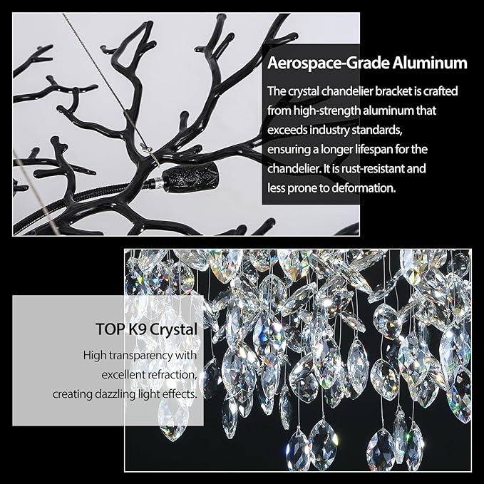 Modern Black Crystal Tree Branch Chandelier, 10-Light 30" Black K9 Crystal Chandeliers for Dining Room, Round Chandelier for Living Room,High Ceiling,Kitchen Island,Foyer,Staircase-Ruum Studio Home