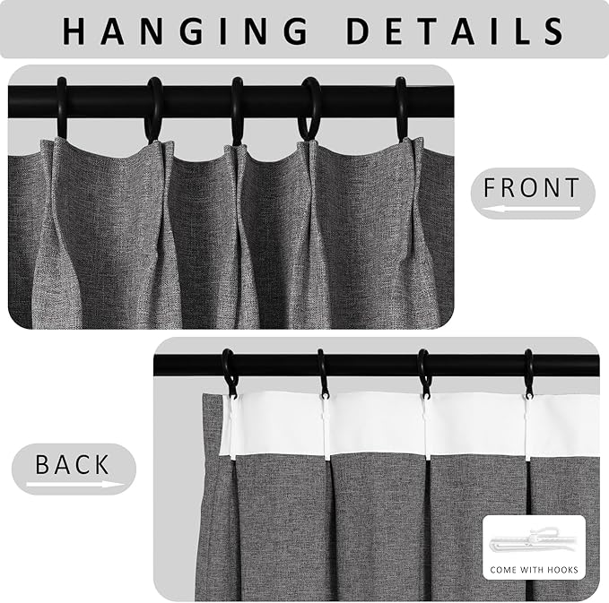 Macochico Pinch Pleated 100% Blackout Curtains Natural Grey Linen Curtains for Bedroom Living Room Farmhouse Thermal Insulated Window Panels Pleated Curtains with Hooks and Tieback 52”Wx72”L 1 Panel-Ruum Studio Home