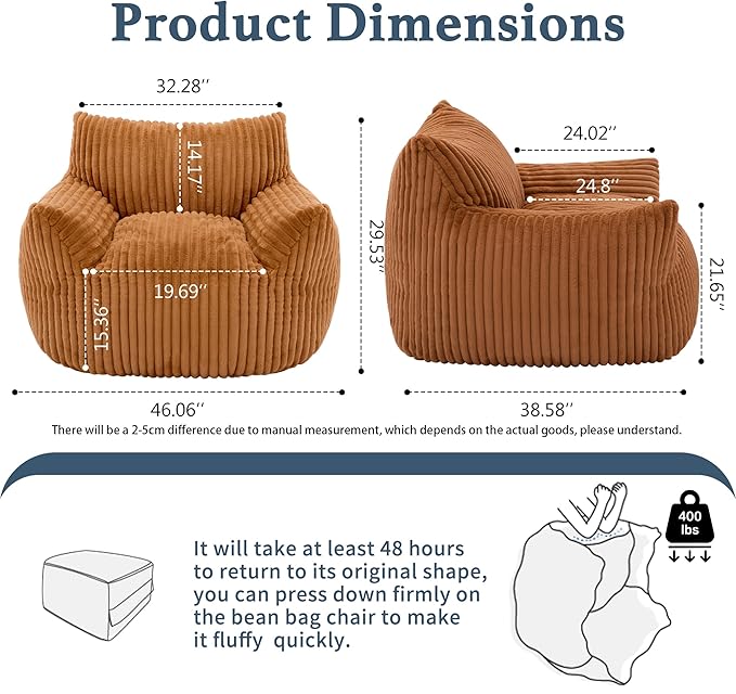 Giant Plush Bean Bag Chair for Adults with Armrests - Oversized Comfy Orange Beanbag Lounge Lazy Floor Sofa Accent Chair for Living Room, Bedroom & Dorm, Cozy Fluffy Single Cloud Mini Couch-Ruum Studio Home